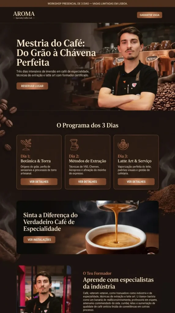 Design de interface de landing page para workshop de café de especialidade em Lisboa — DigitalLeke